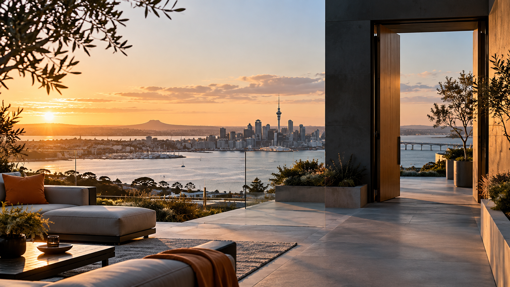 Auckland skyline and harbour at sunrise