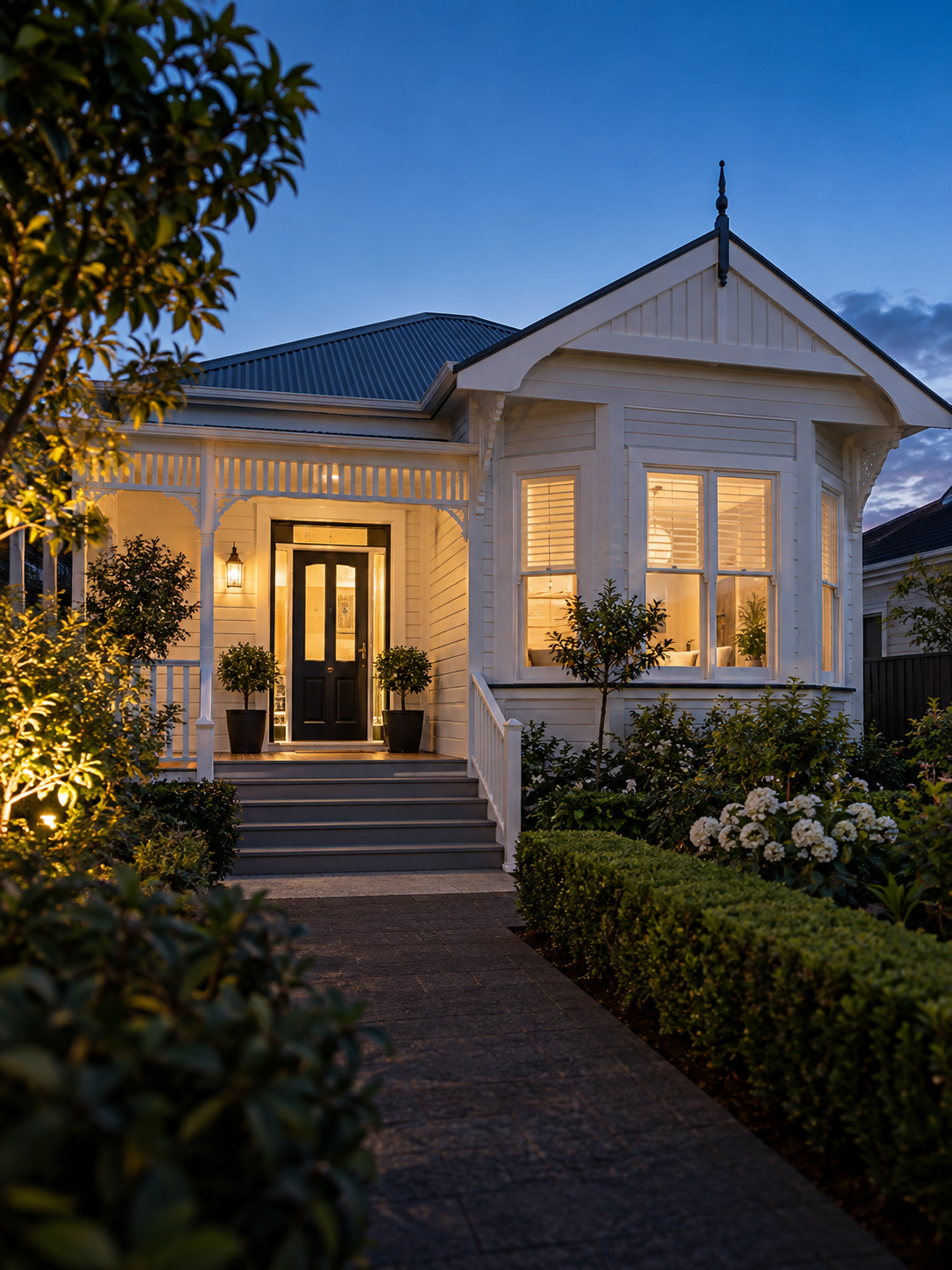 A prepared Auckland villa at blue hour