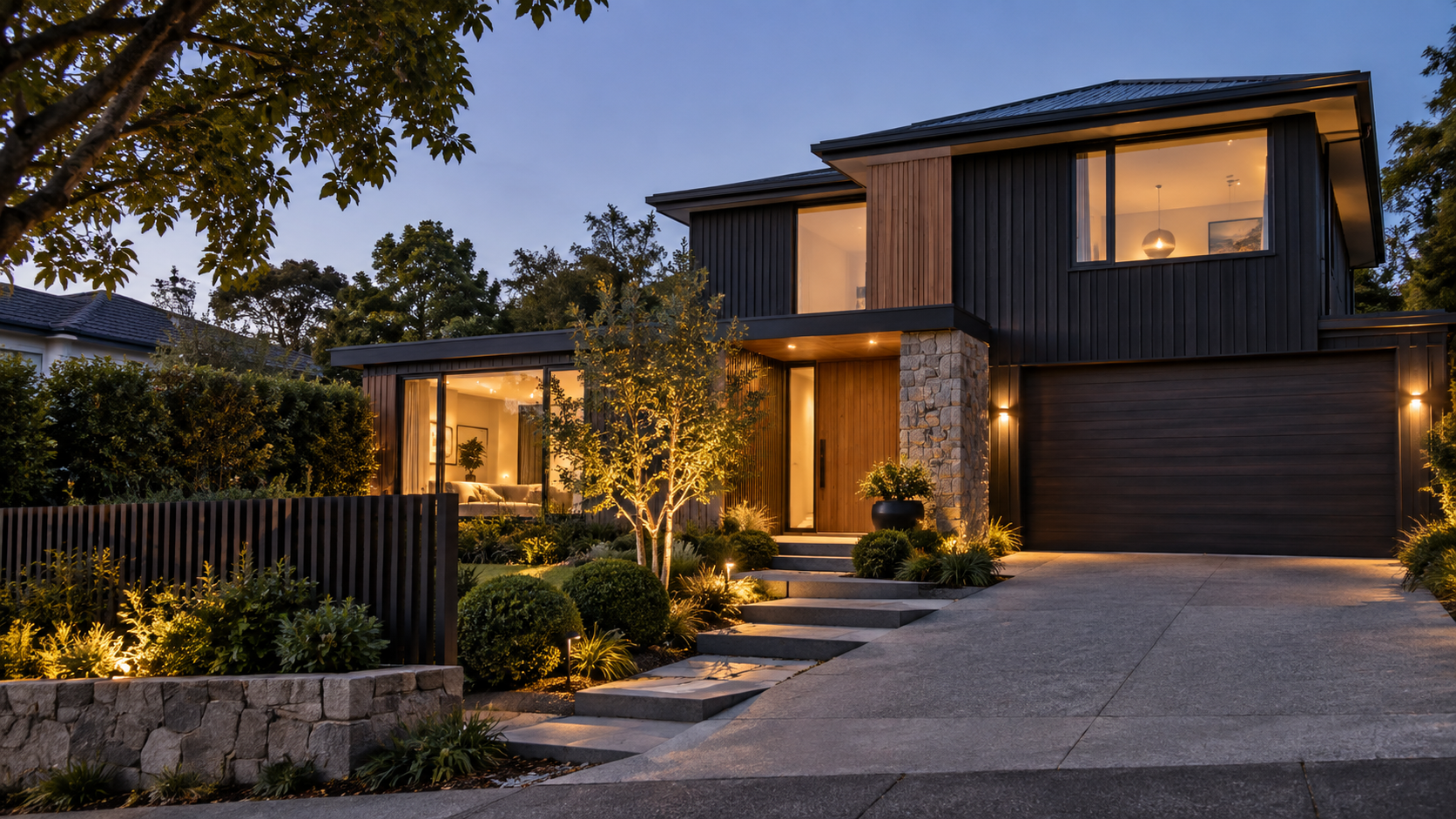 A beautifully prepared contemporary Auckland home at blue hour