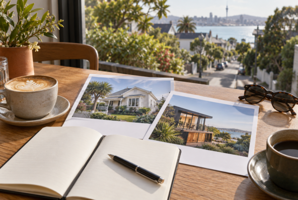 Notebook, property brochures and coffee on a table overlooking an Auckland neighbourhood