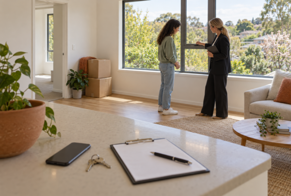Illustrative tenant and property manager checking a window during a rental handover, with keys and a clipboard nearby