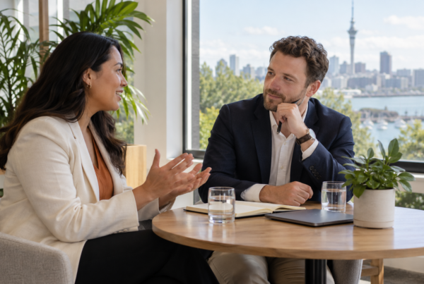 Two professionals listening and talking at a table overlooking Auckland