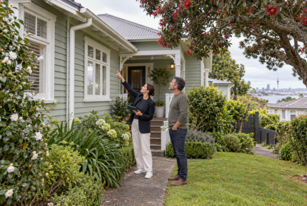 Illustrative property manager and owner reviewing the exterior of an Auckland rental home
