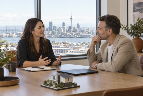 Illustrative career conversation at an office table overlooking Auckland harbour